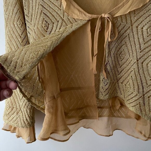 Karen Millen metallic gold silk tie front ruffle double layer cardigan size 1 XS - Picture 3 of 9